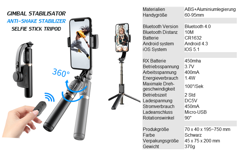 Gimbal Stabilisator Bluetooth Anti-Shake Schwebestativ Selfiestick Selbstauslöse